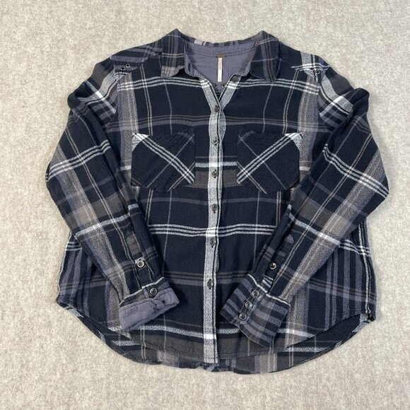 Free People Tops - FREE‎ PEOPLE Top Womens Size Sm Blue Plaid Button Front Flannel Shirt Comfy Cozy